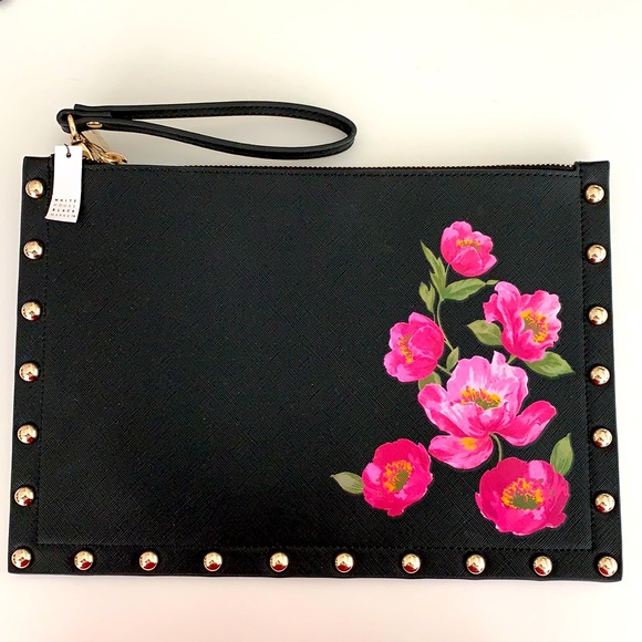 WHBM Black Pink Rose Clutch Studded Bag w/Strap